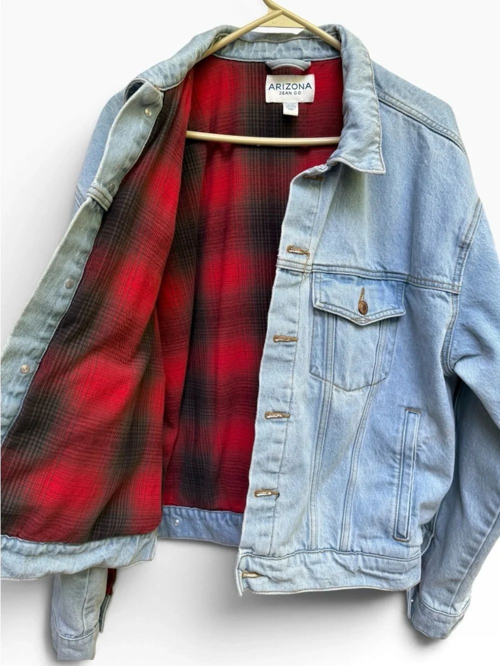 Vintage Arizona Jean Co Denim Trucker Jacket Plaid Flannel Lined Blue Size XL